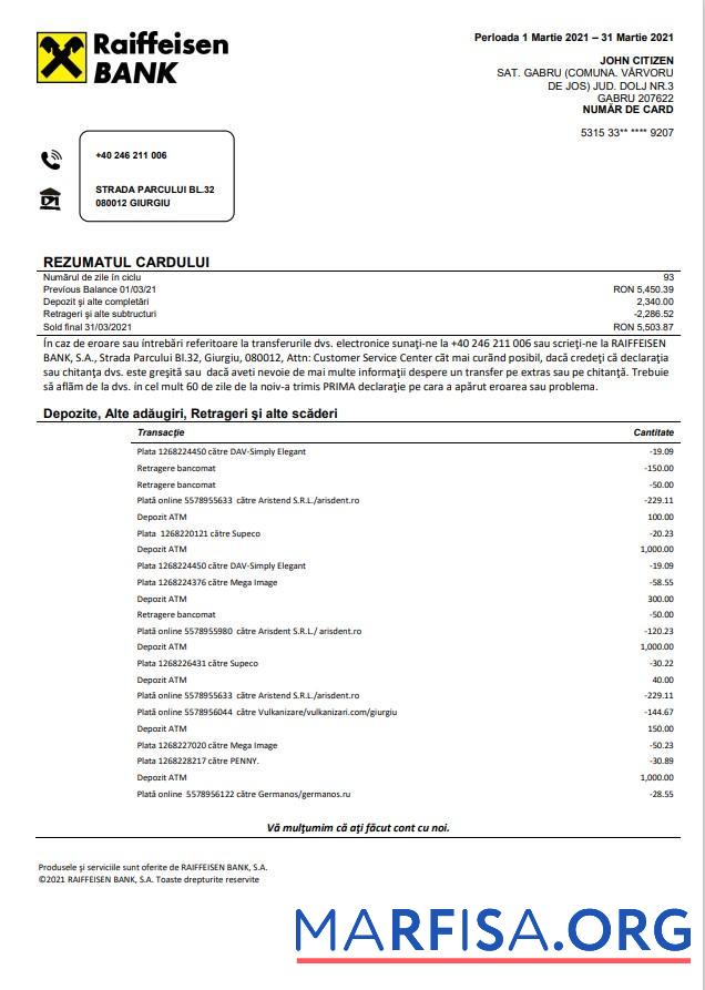 Blank Romania Raiffeisen Bank in Romanian language bank statement word download for verification